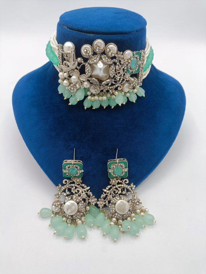 Silver platted sea-green choker