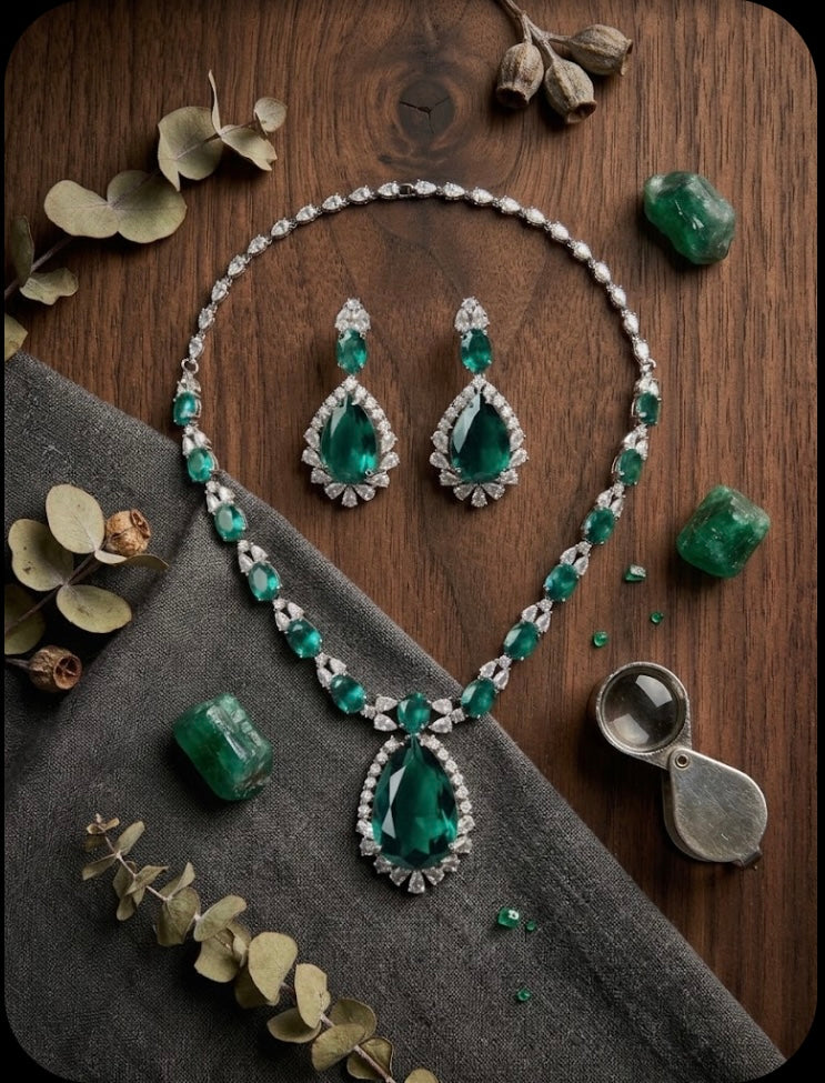 Royal Emerald & Cubic Zirconia Statement Jewelry Set